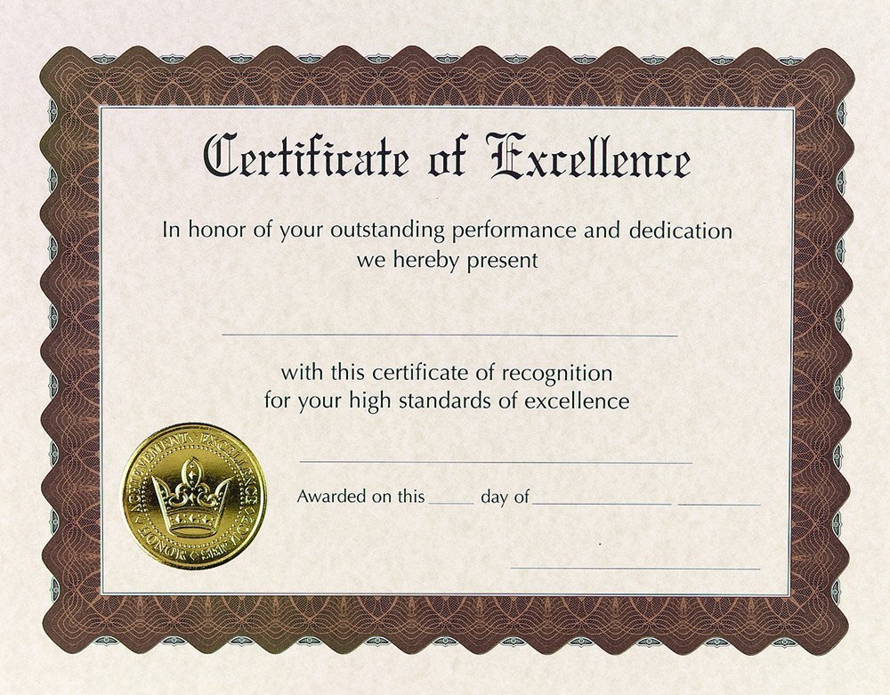 Great Papers! Certificate of Excellence, Pre-Printed, Gold Foil, Embossed, 8.5"