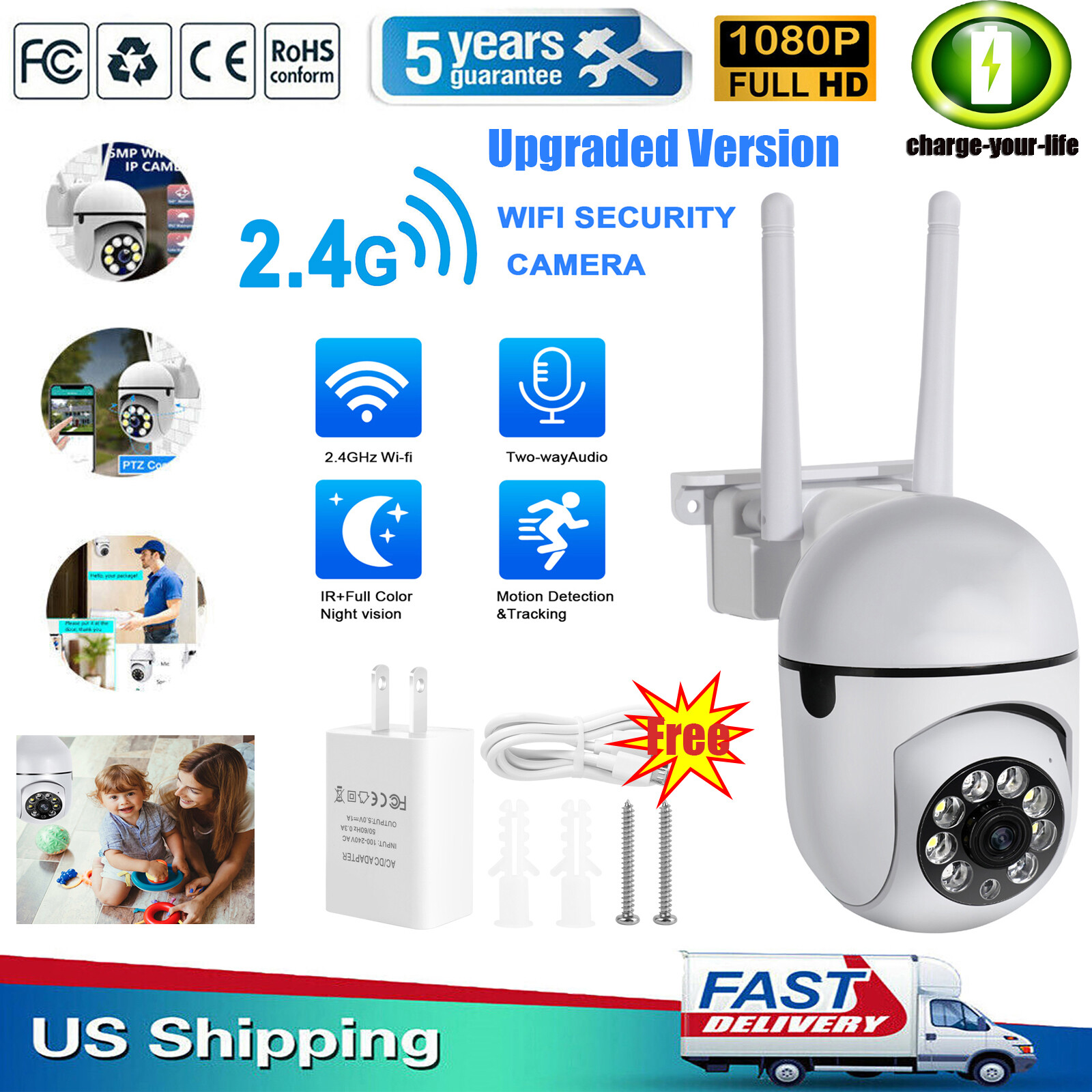 Wireless Security Camera System Indoor Home 2.4G Wifi Night Vision Cam 1080P HD