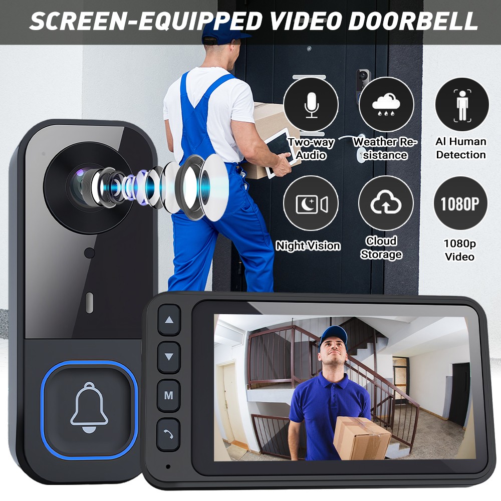 4.5'' IPS Screen 1080P Smart Wireless Video Doorbell Camera Doorbell Monitor