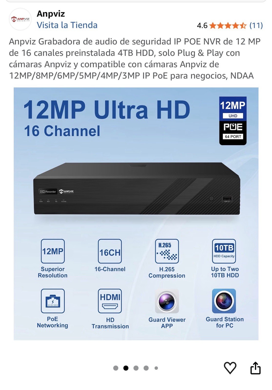 Anpviz 12MP Ultra HD 16CH PoE NVR H.265 Plug & Play w/ 4TB HDD including