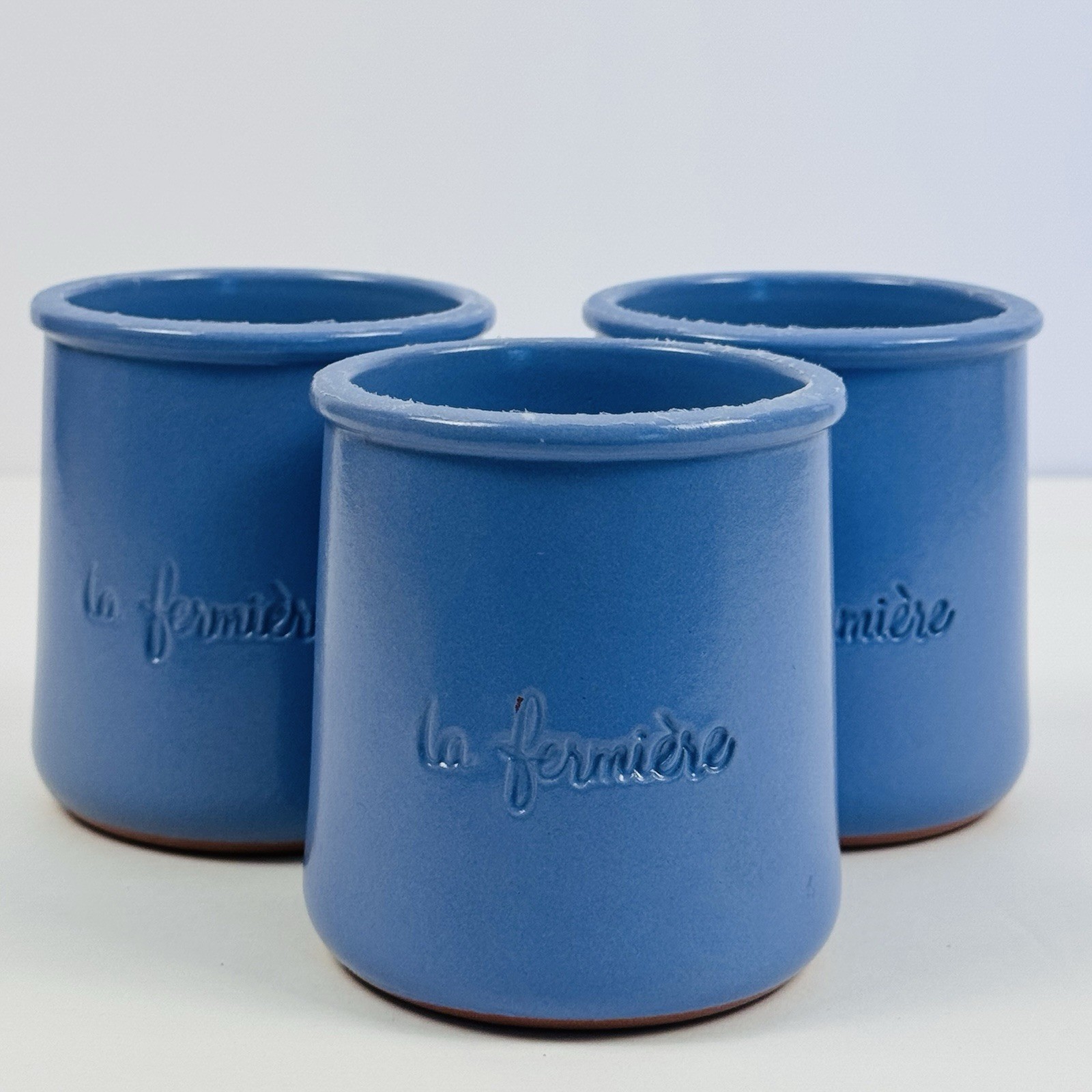 Set of 3 La Fermiere Blue Terra Cotta Pottery Yogurt Pots