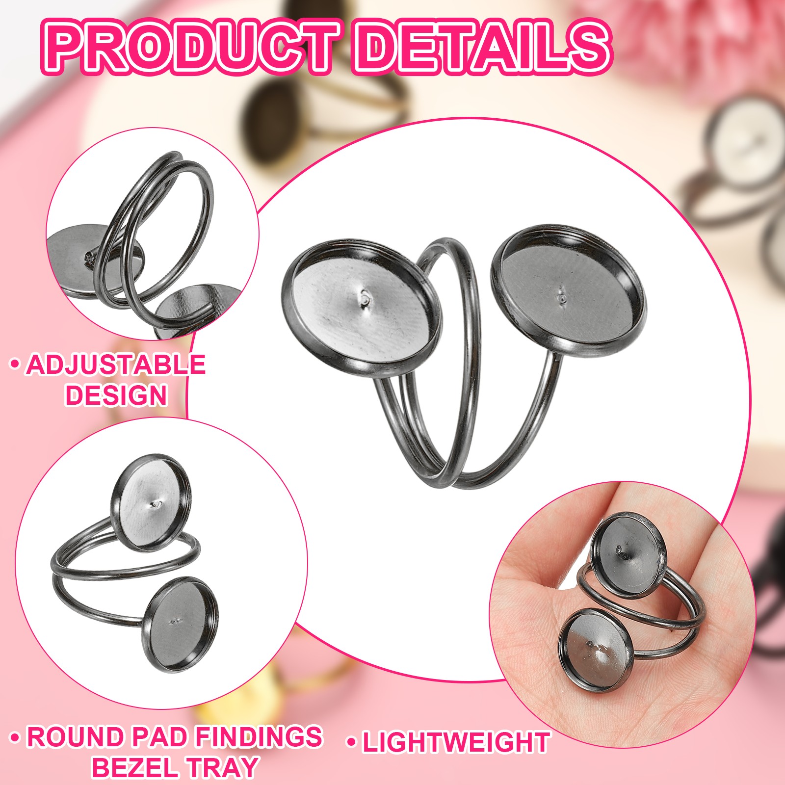 Ring Blank, 10 Pcs Adjustable Finger Ring Blank Base 12mm, Silver Black