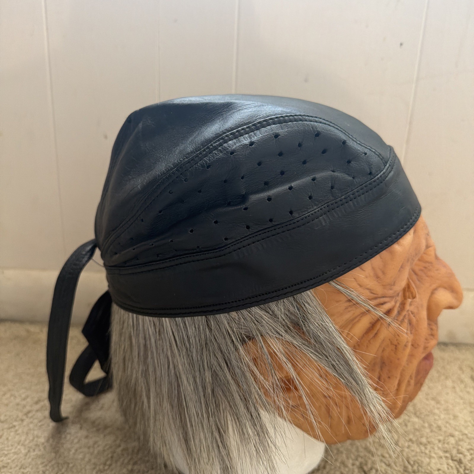 Vintage 1980s Black Leather Tie Back Motorcycle Skull Cap