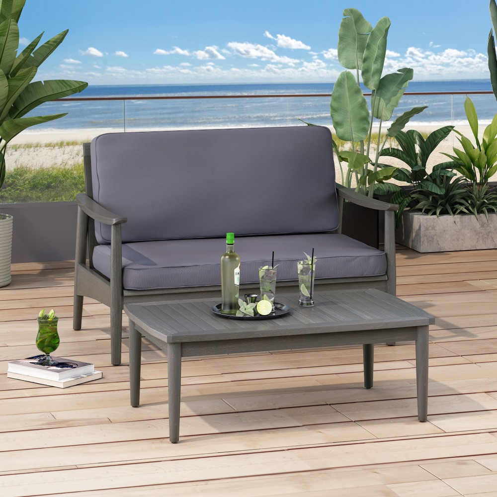 Acacia Wood Patio Loveseat & Coffee Table Set w/ Cushion for Backyard, Poolside