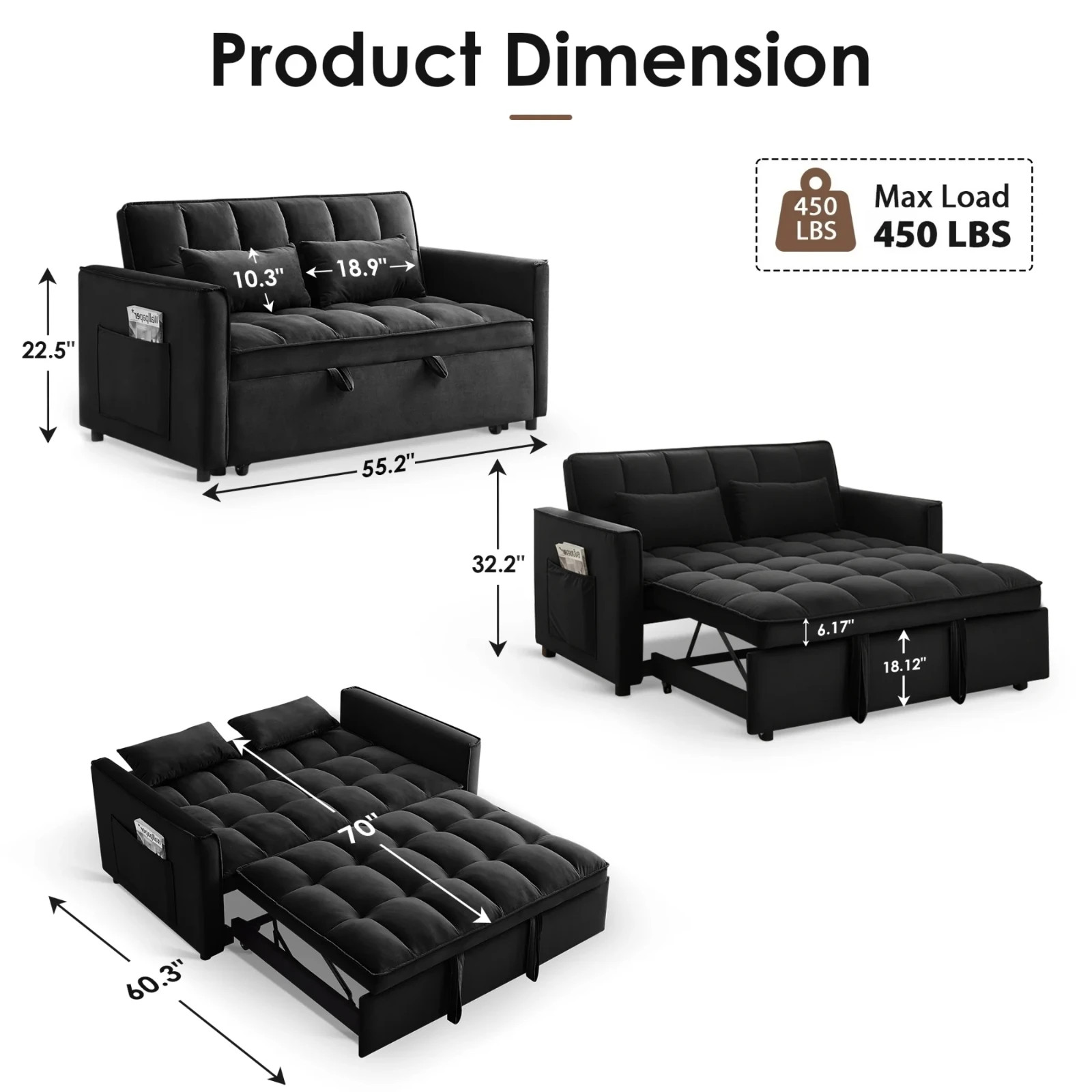3 in 1 Convertible Sleeper Sofa Bed, Velvet Pull Out Futon Couch