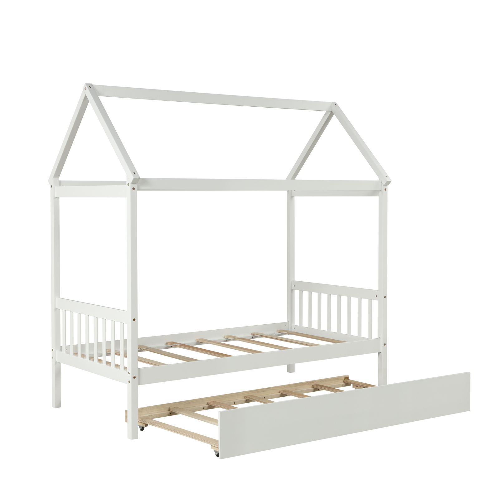 Solid Wood Twin House Bed Frame with Twin Size Trundle No Box Spring Needed New