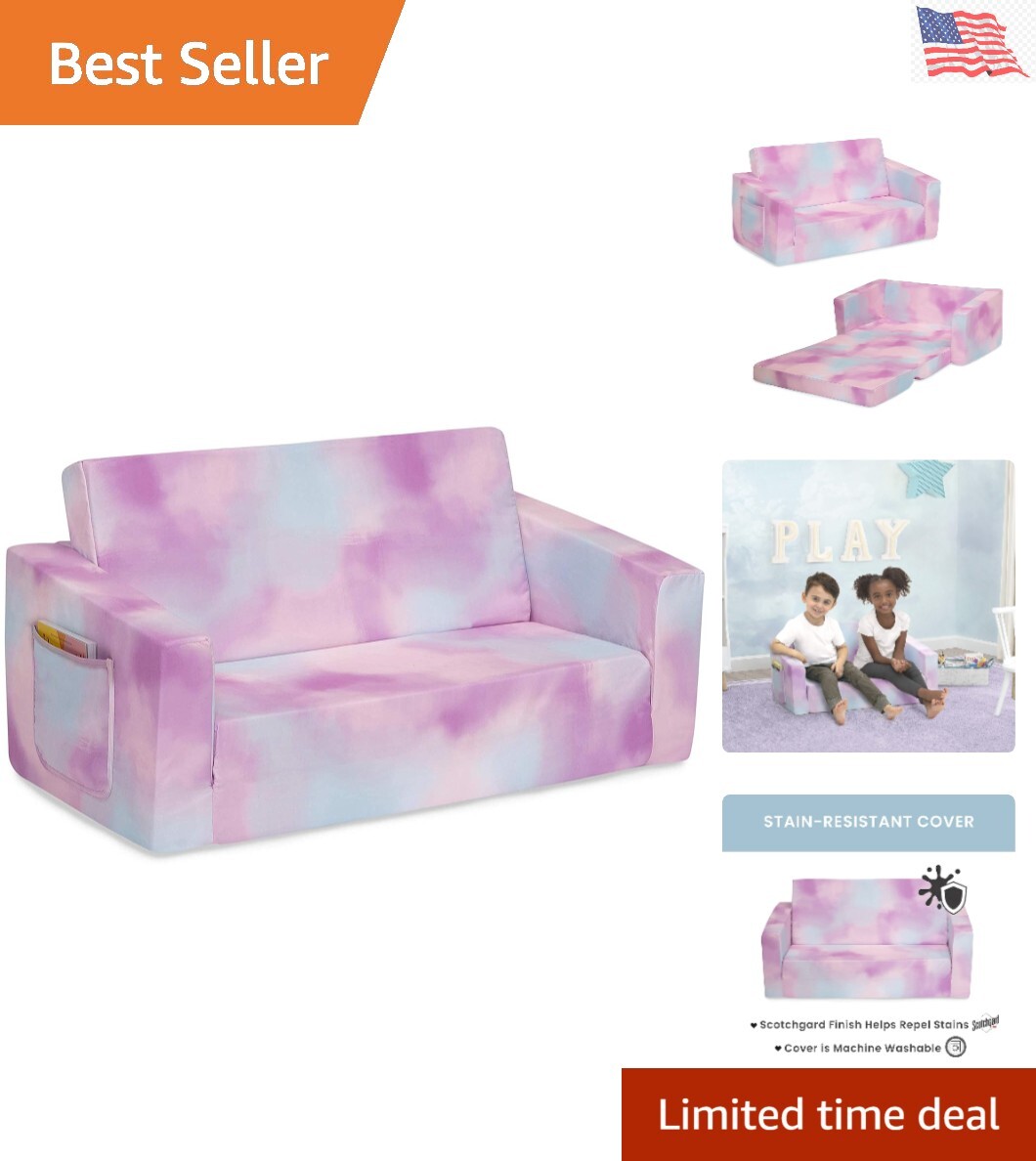 Cozee Flip-Out 2-in-1 Convertible Sofa to Lounger for Kids, Pink Tie Dye