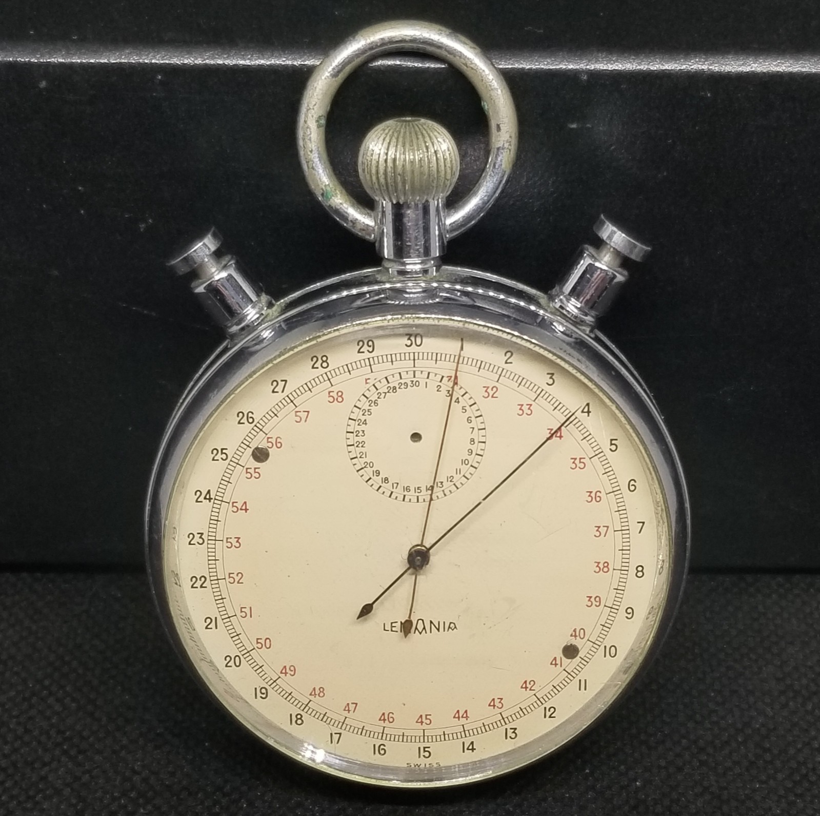 J0269 1948 Swiss Large Lemania Split Second Stop Watch, Needs Work.