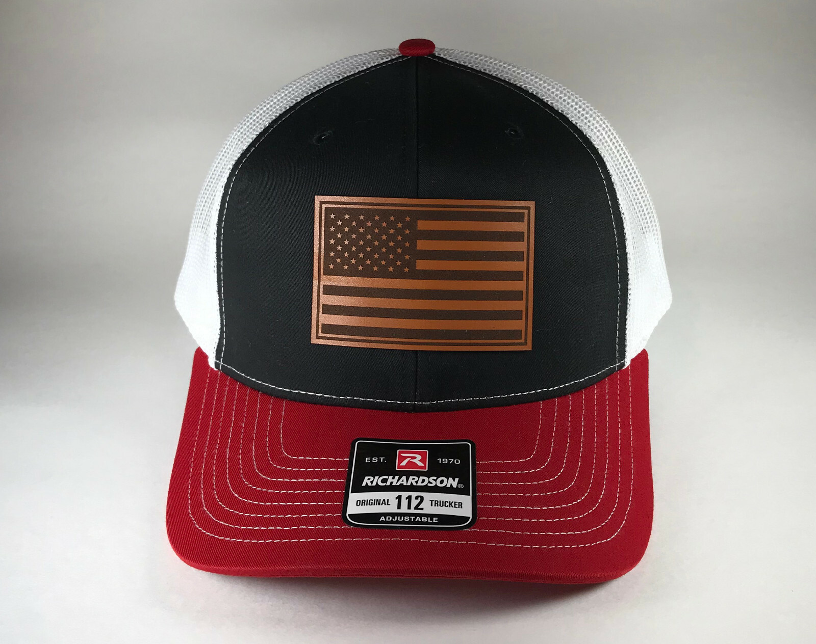 Richardson 112 American Flag 6 Panel Snapback Trucker Mesh Hat Leather Patch