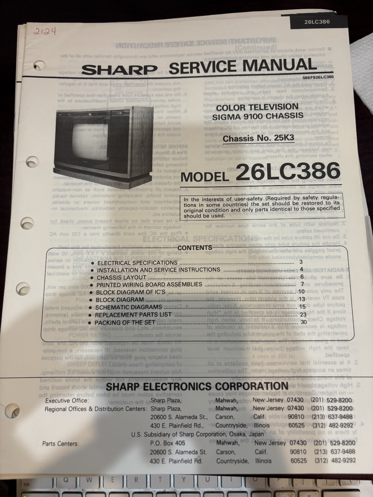 ORIG. SHARP 26LC386 TV Repair & Service Manual *ORIGINAL*