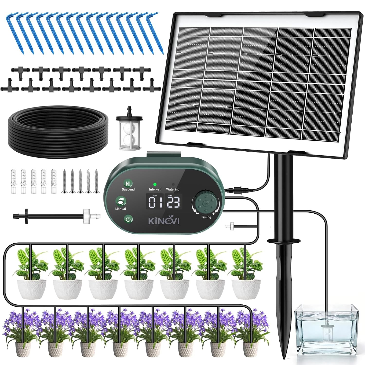 Solar Drip Irrigation System 3W for 15 Pots,22 Modes Self Watering System Garden