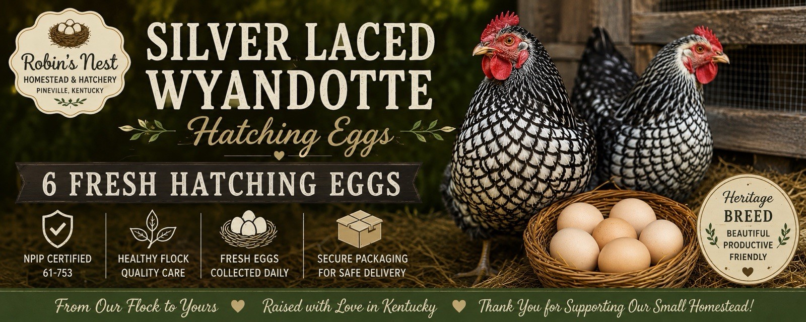 Robin's Nest Homestead & Hatchery Silver Laced Wyandotte Hatching Eggs 6