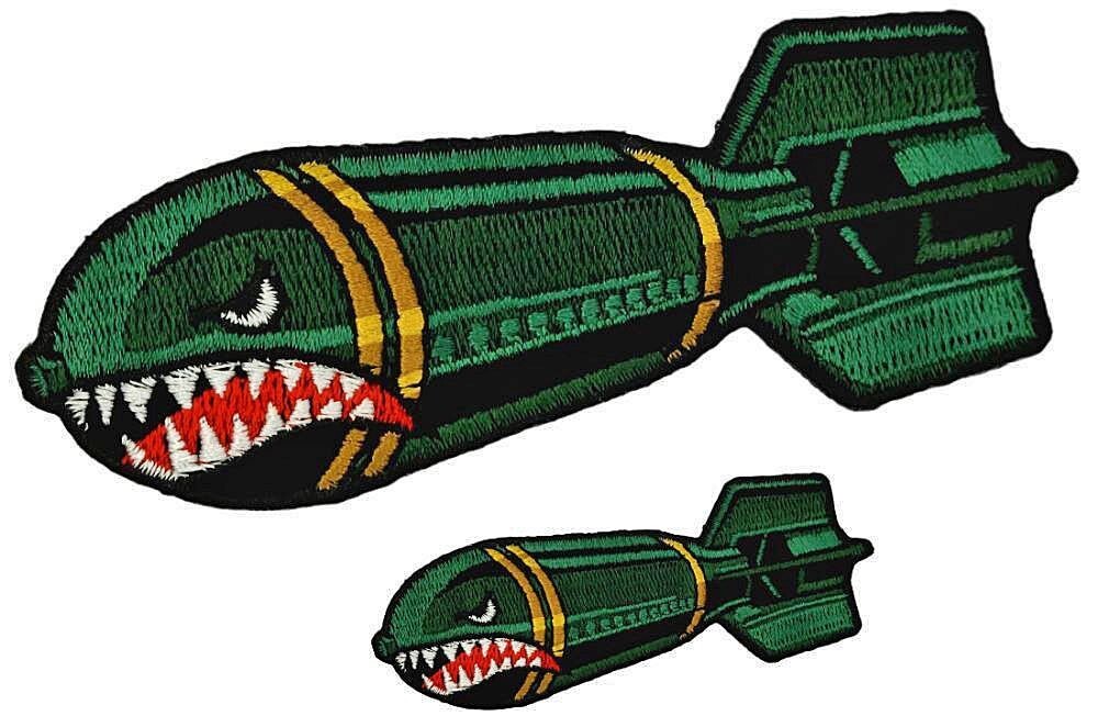 DROP BOMB SHARK FACE WITH TEETH PATCH ||2PC iRON ON OR SEW   10"X4" - 4"X1.5"