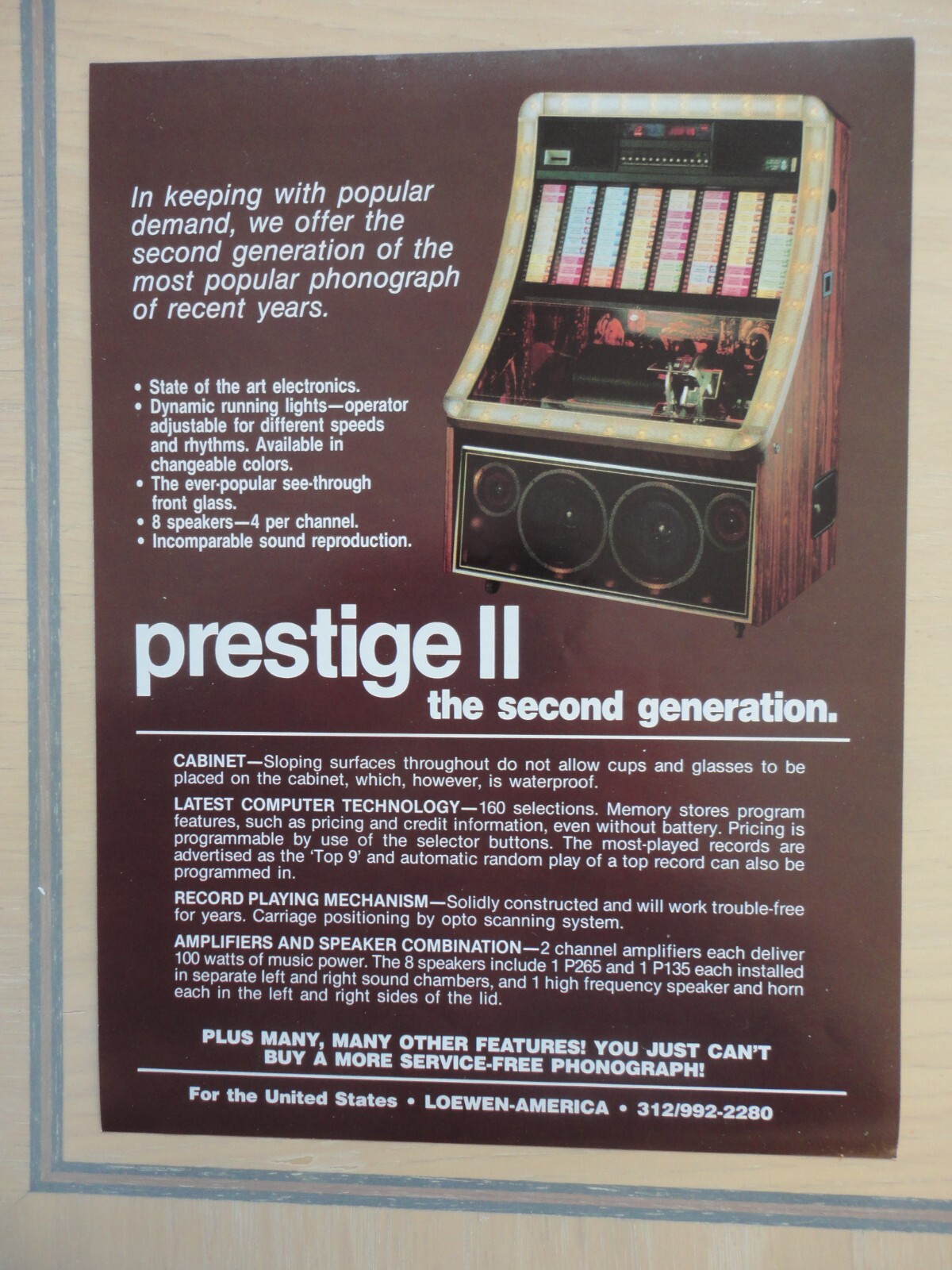 Prestige II Jukebox Flyer Original Magazine Pull Out Advertisement