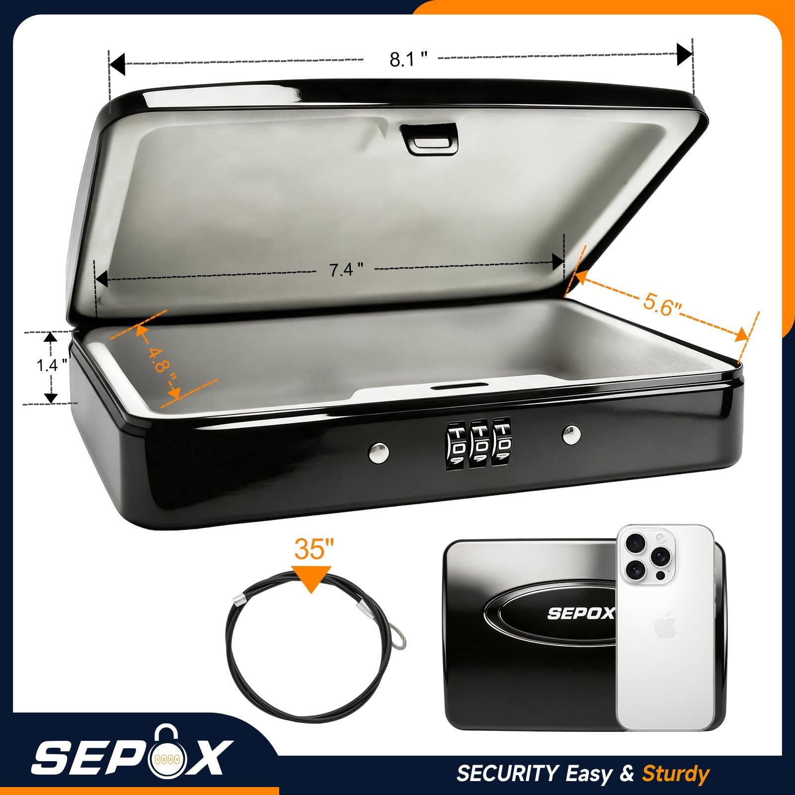 SEPOX® Water/Fire-Resistant Portable Security Case Lock Box 1pcs, Black