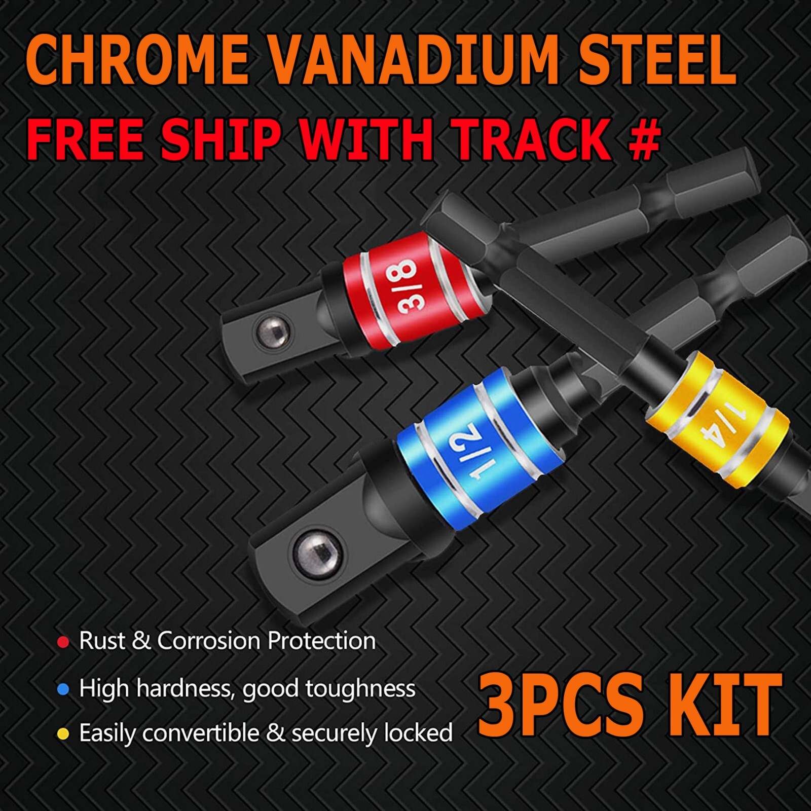 3pcs Socket Adapter Set Hex Shank to 1/4" 3/8" 1/2" Impact DRIVER GRADE Drill