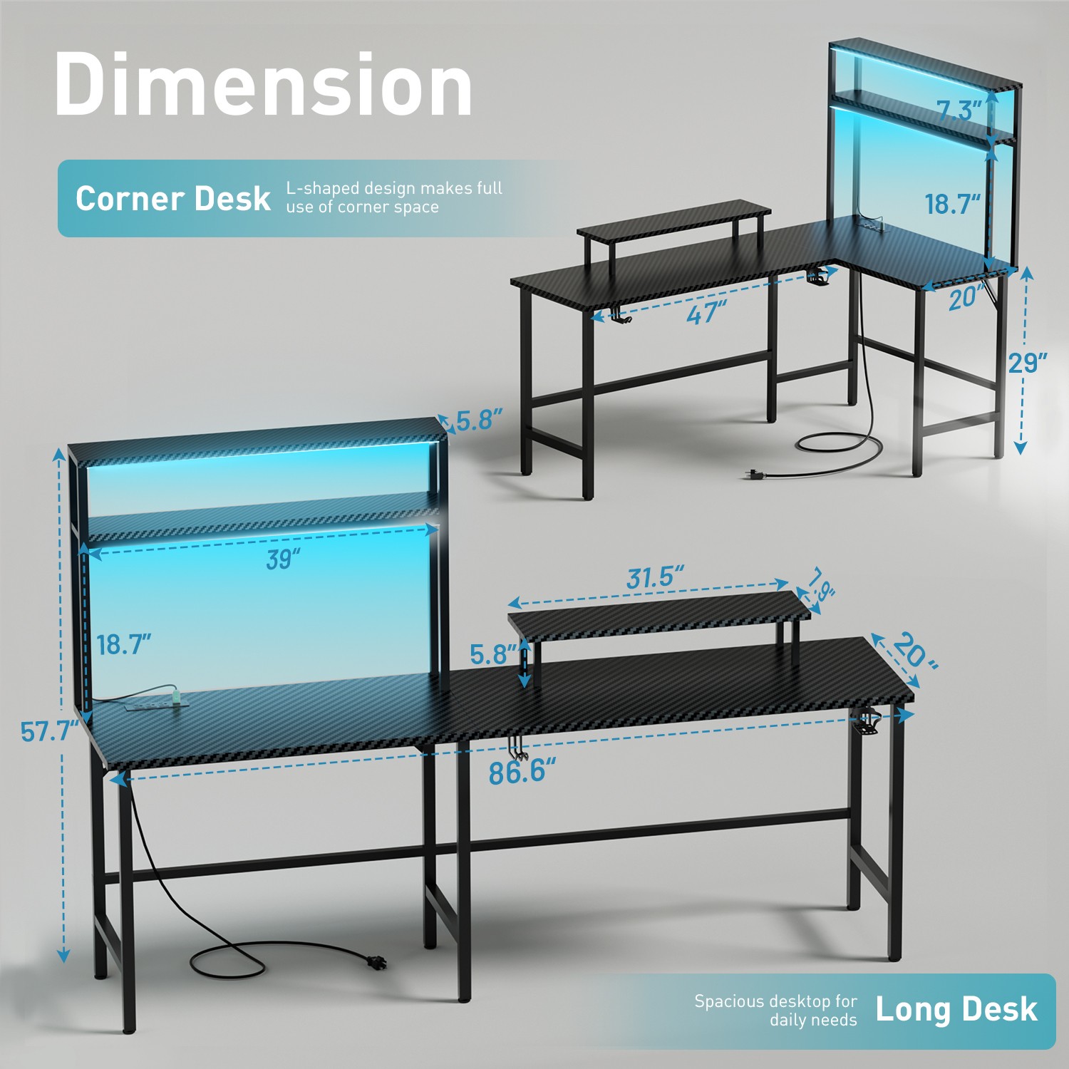 L Shaped Gaming Desk with LED & Power Outlets, Reversible Corner Computer Desk