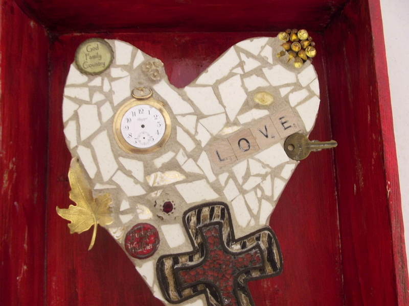 Red and Tan Heart assemblage with cross - mosaic sculpture