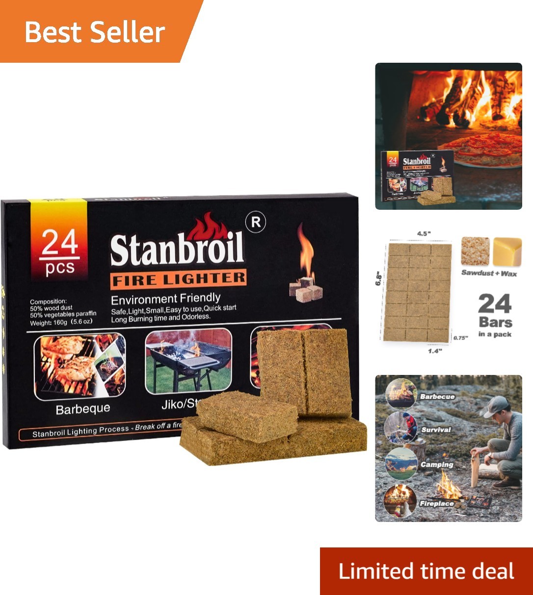 Odorless 24 Pack Fire Starters - Fast Lighting Charcoal for Smokers & Fireplaces