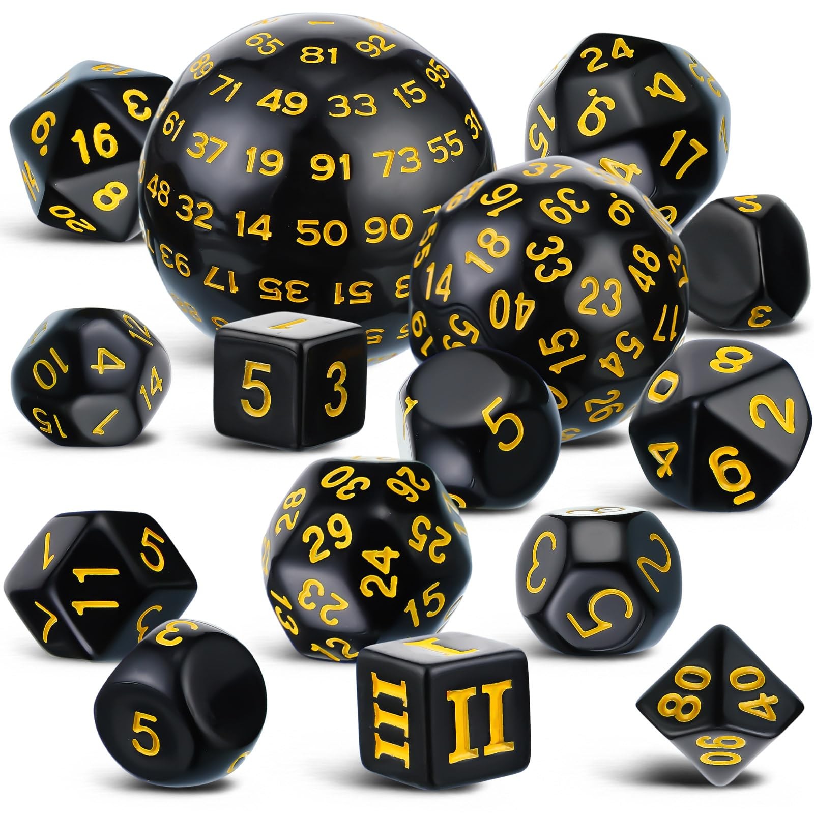 Civaner 15 Pcs Complete Polyhedral Dice Set D3-D100 16mm, Black and Yellow