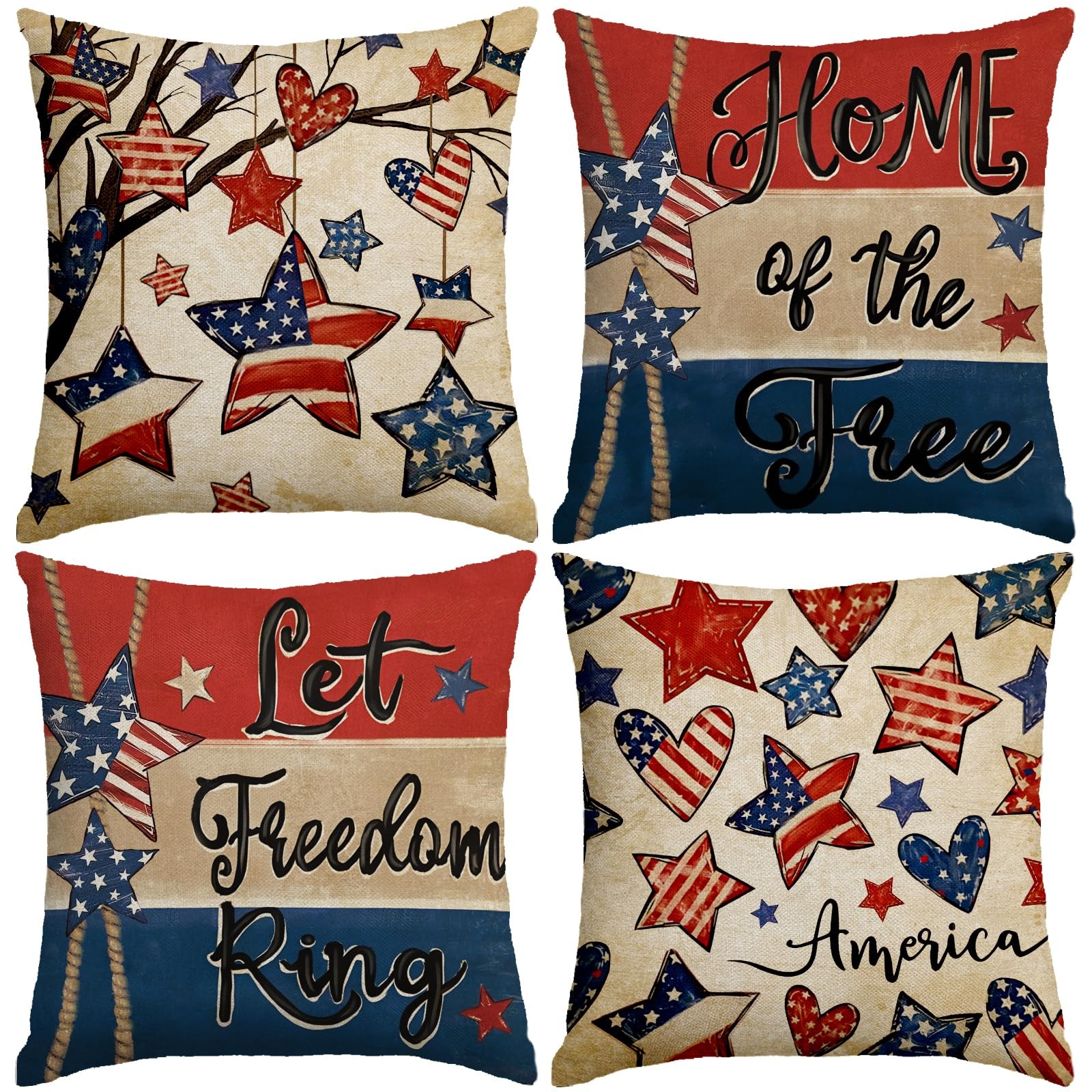 Patriotic Pillow Covers 18x18 Inch,4th of July Red White Blue Summer Outdoor ...