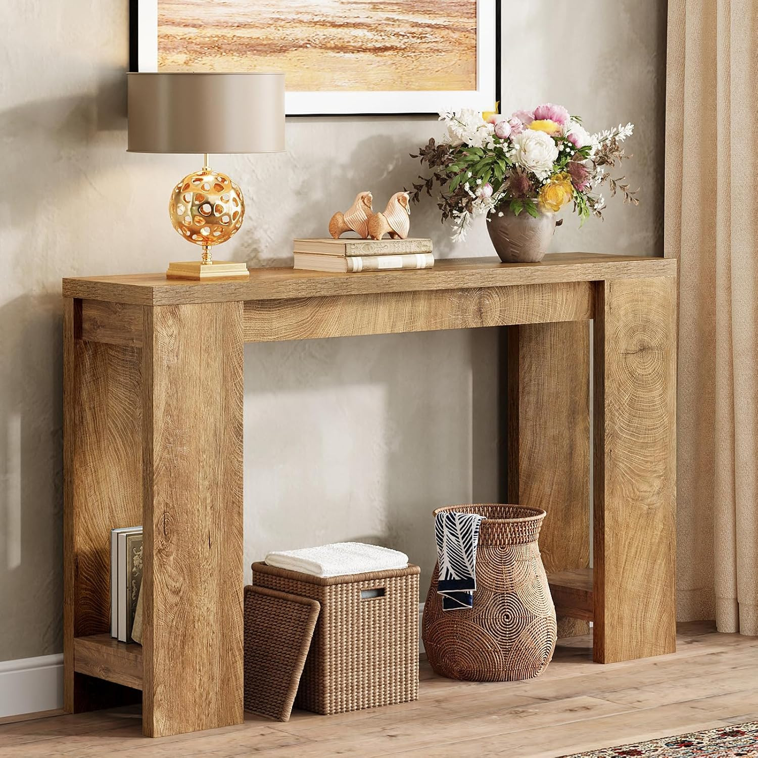 Entryway Console Table, Farmhouse Narrow Sofa Table behind Couch, Wood Rectangul