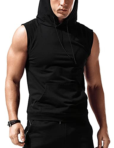 Men's Workout Hooded Tank Tops Sleeveless Gym Hoodies Bodybuilding Large Black