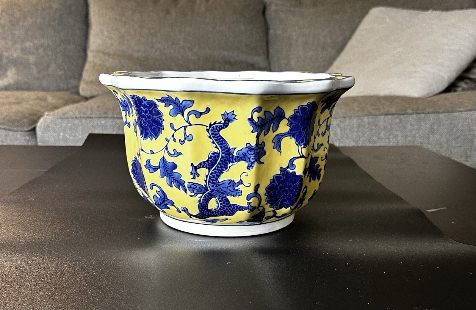 Vintage Chinese Blue/Yellow Ceramic Planter