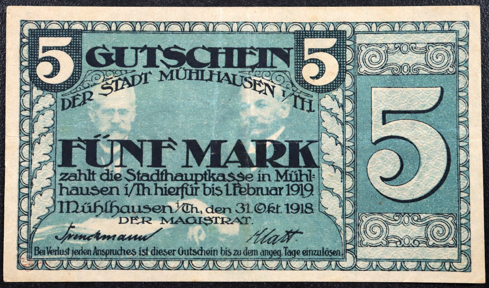 MÜHLHAUSEN 1918 5 Mark Grossnotgeld WWI German Notgeld Banknote