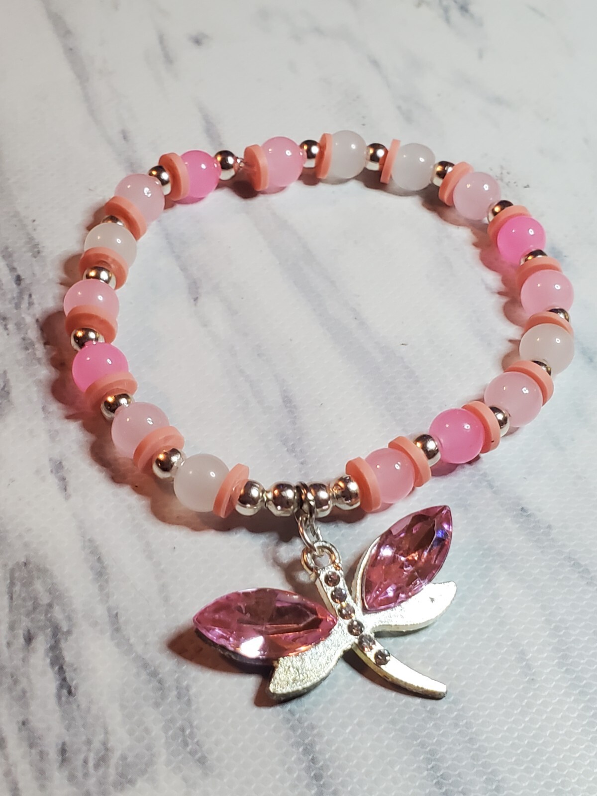 Handmade Beautiful Pink Glass Beaded Bracelet With Dragonfly Charm