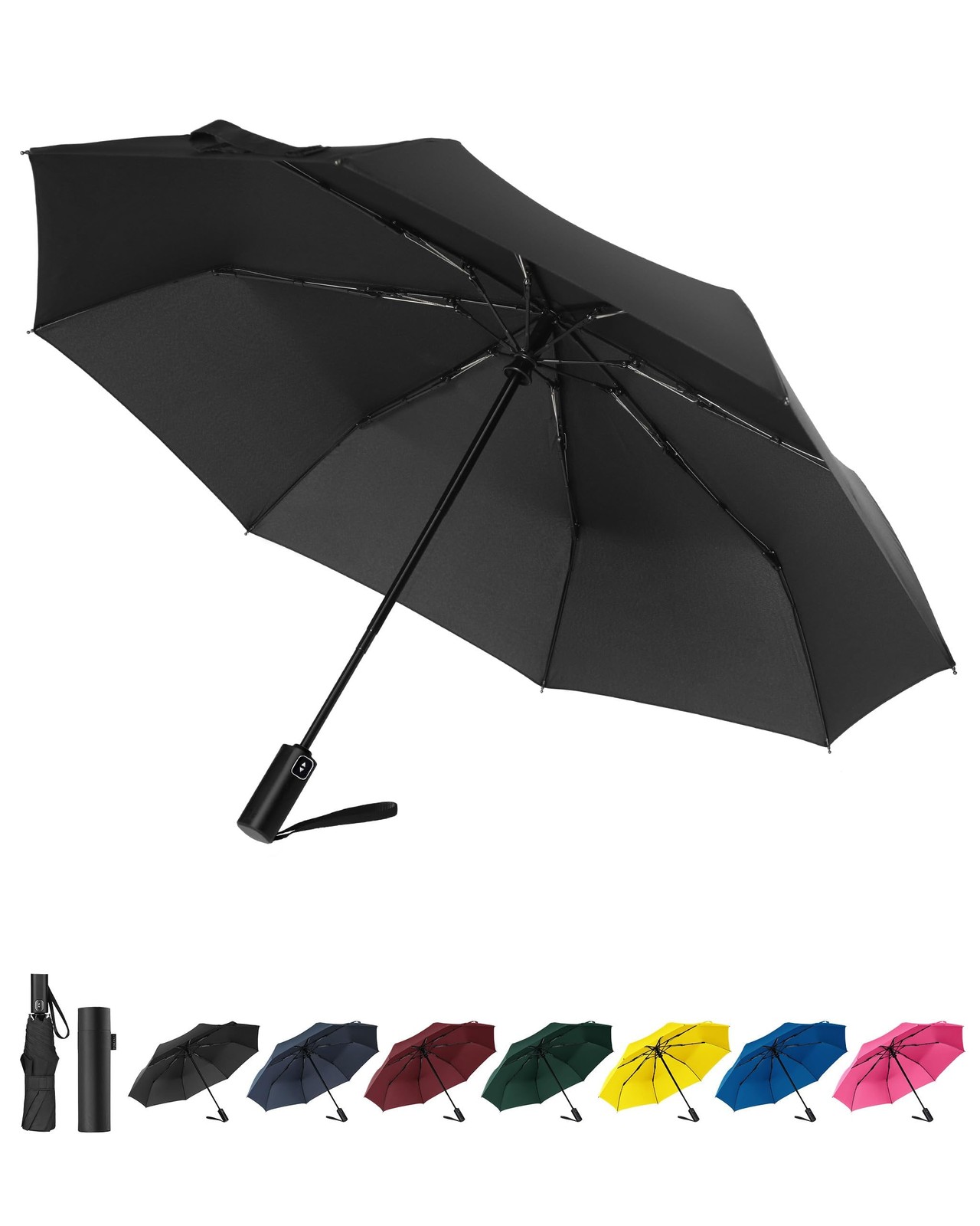 POKIXY Windproof Travel Umbrella, Automatic Folding Compact 42 inches, Black