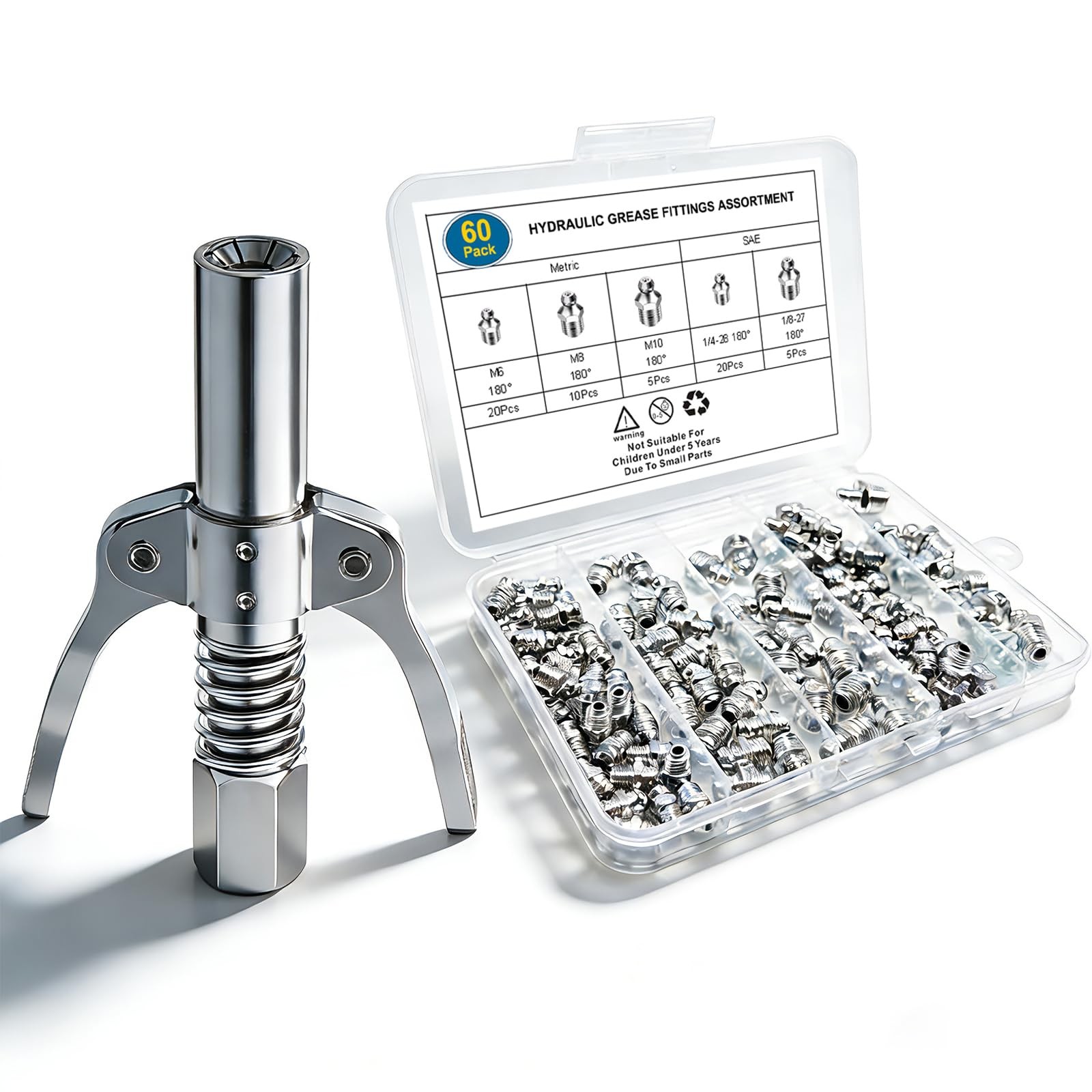 Grease Gun Coupler with 60pcs Grease Fittings Assortment, Zerk Grease Fitting...