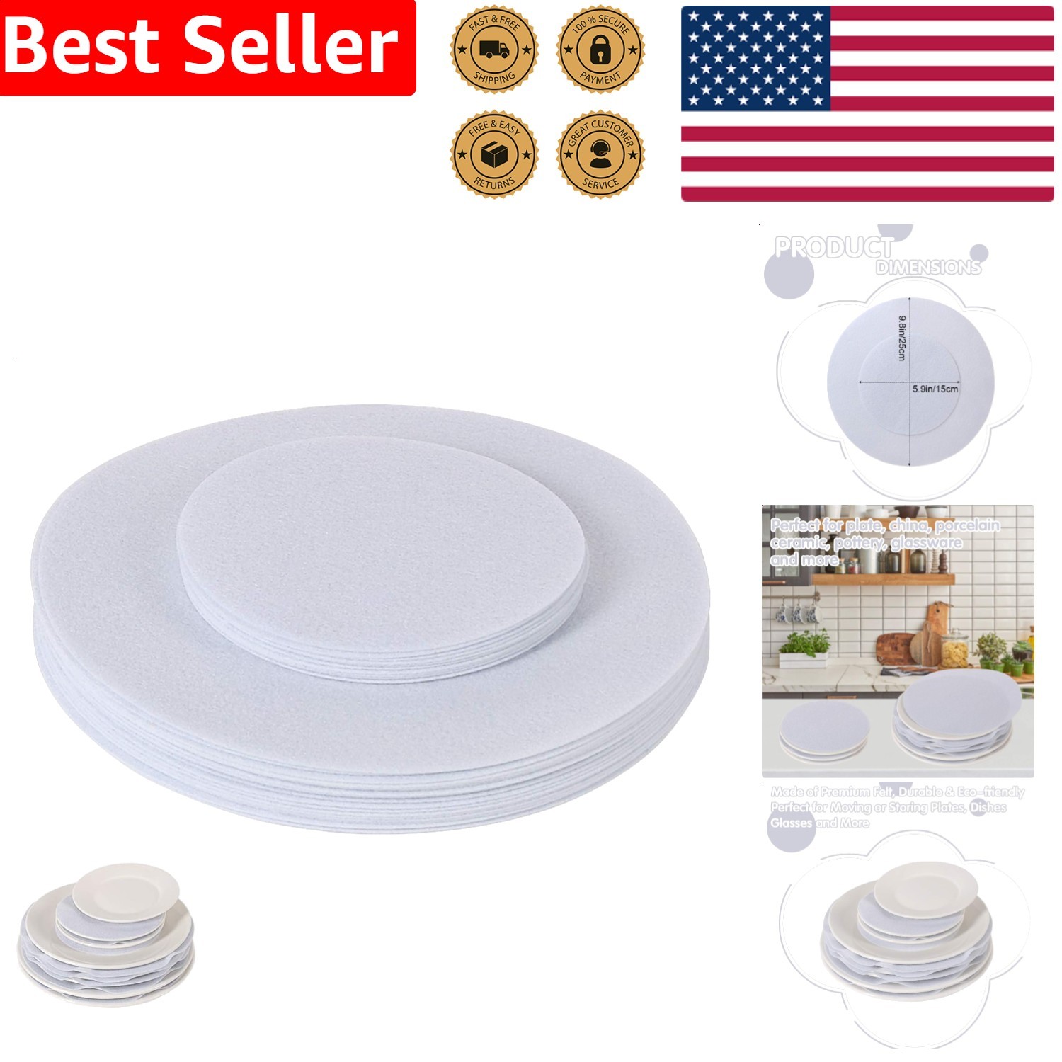 Felt Plate Protectors 30PC Soft  Round Dish China Separators Storage Pads Coo...