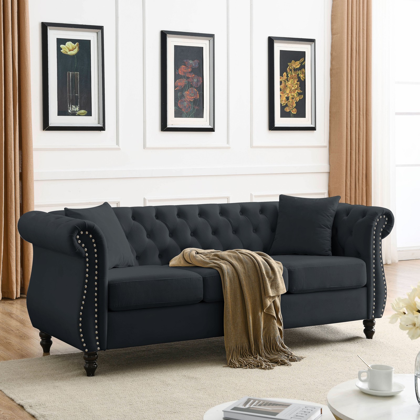 80" Chesterfield Sofa Black Velvet 3 Seater Tufted Couch with Pillows