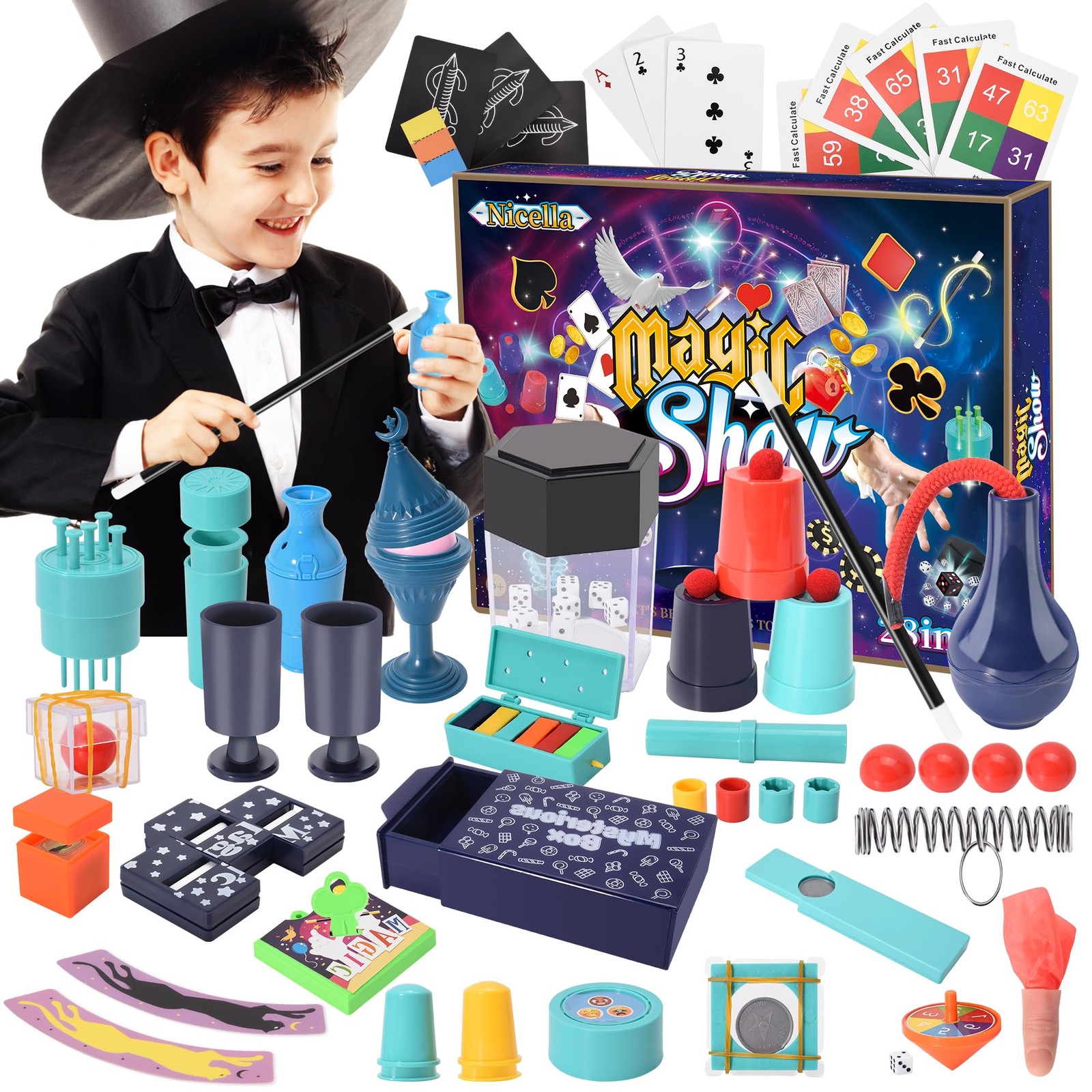 Nicella Magic Kit - 208+Magic Tricks for Kids Age 6-8, 28PCS, Multicolored