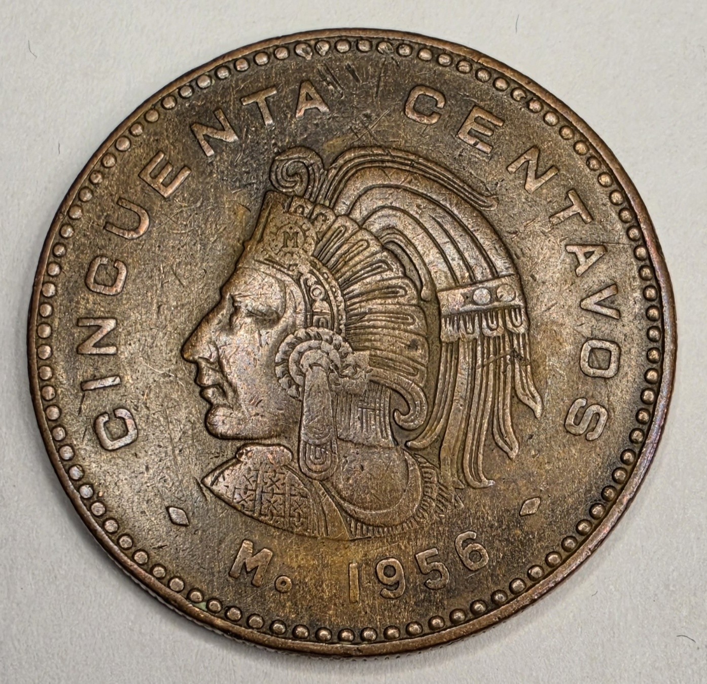 1956 Mexico 50 Centavos - Circulated Mexican Bronze World Coin - KM# 450