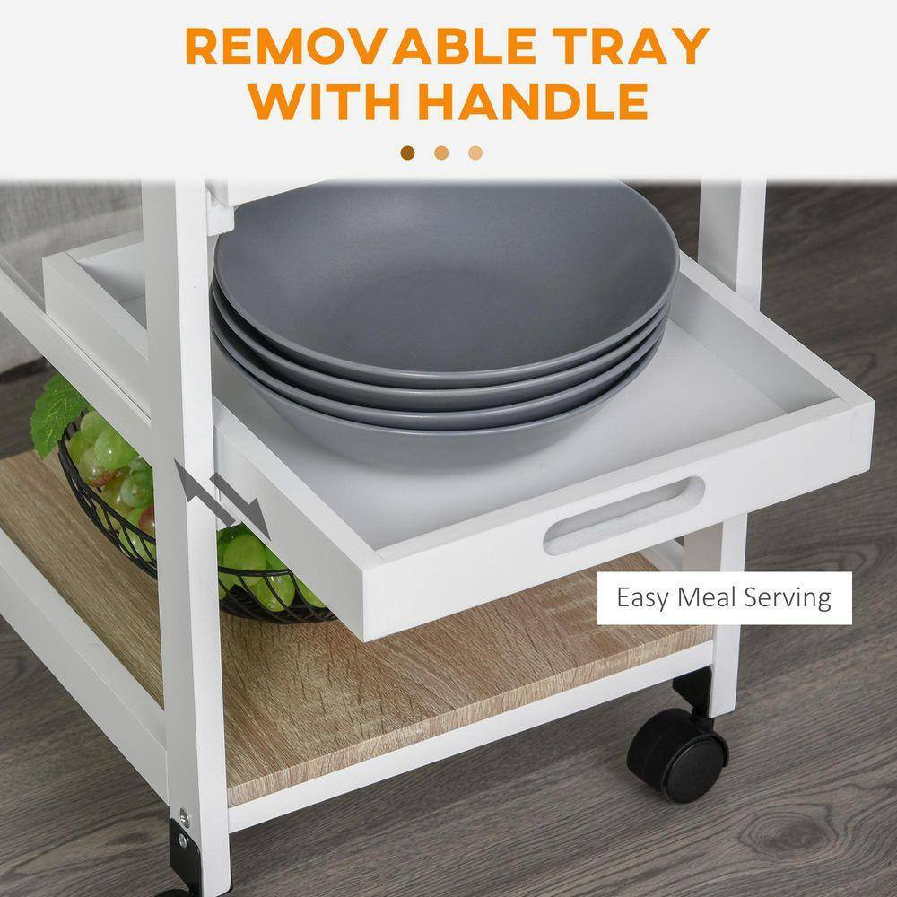 5-Tier Solid Wood 4-Wheeled Mobile Kitchen Cart with Storage, Wire Fruit Baskets