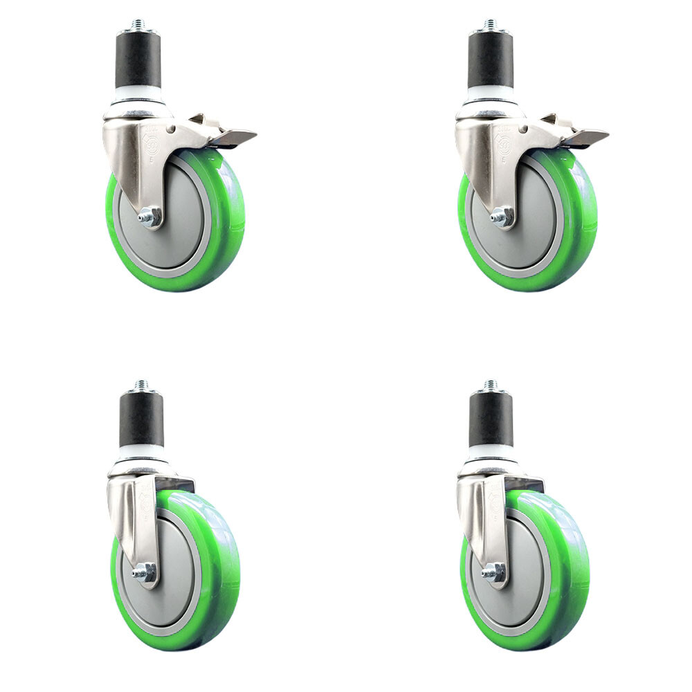 5 Inch 316SS Green Poly Swivel 1-3/4 Inch Expanding Stem Caster Set 2 Lock Brake