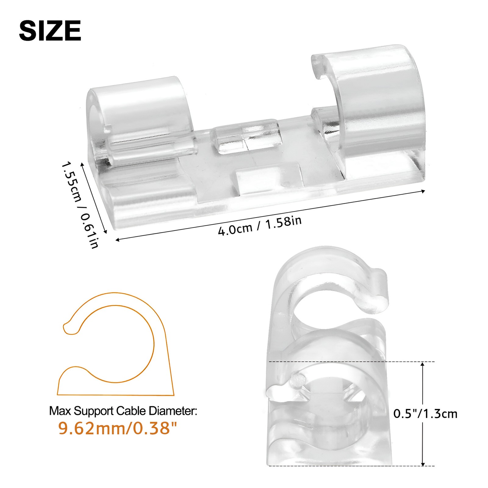 100x Clear Cable Clip Self-Adhesive Management Wire Holder Clamp, 0.38" Diameter