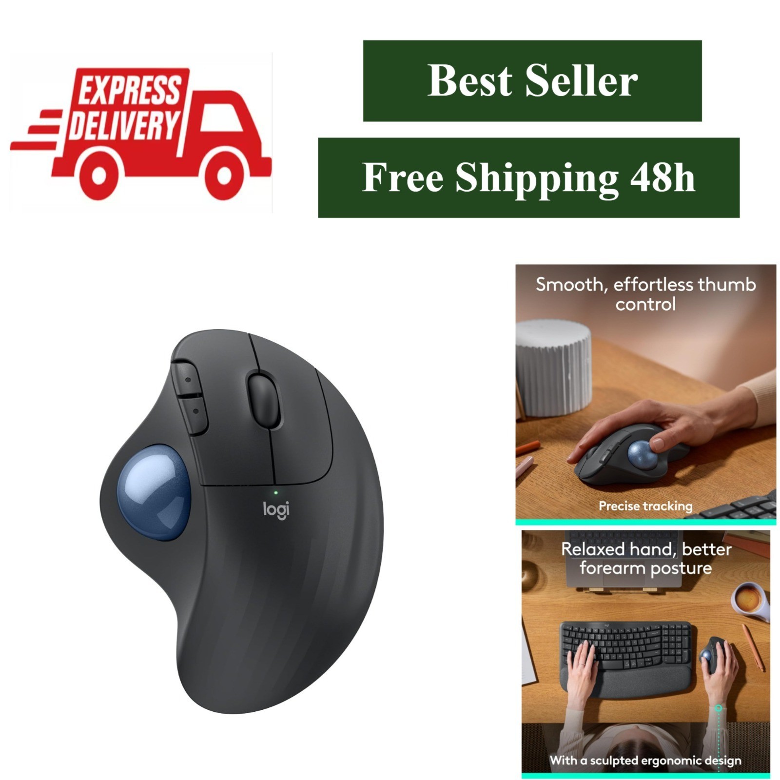 Logitech ERGO M575S Wireless Bluetooth Trackball Mouse - Graphite Blue