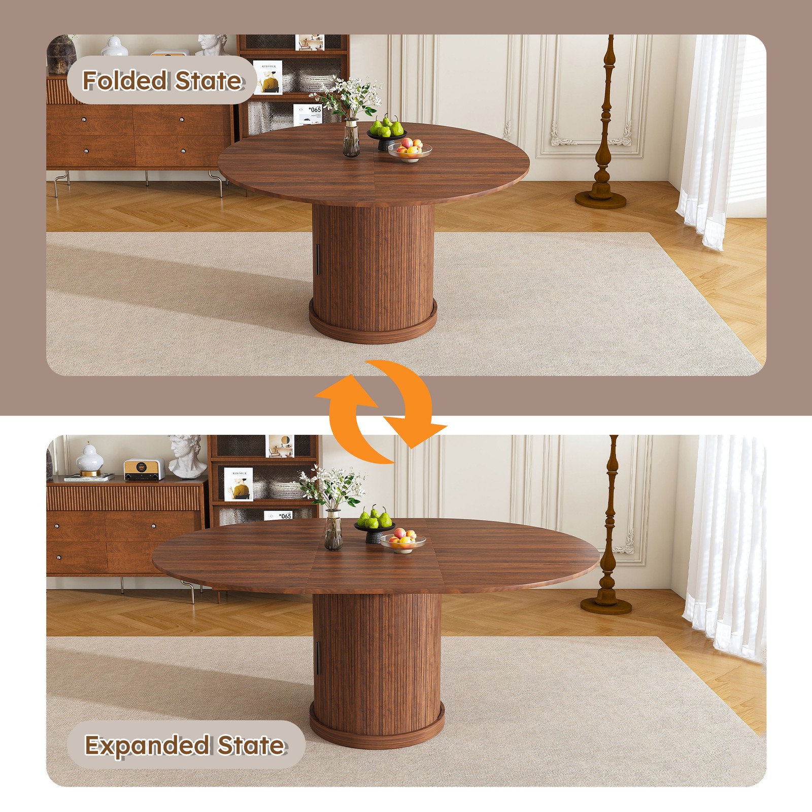 59" Extendable Oval Dining Table with 2-Tier Storage for 4-6, Space Saving Exp