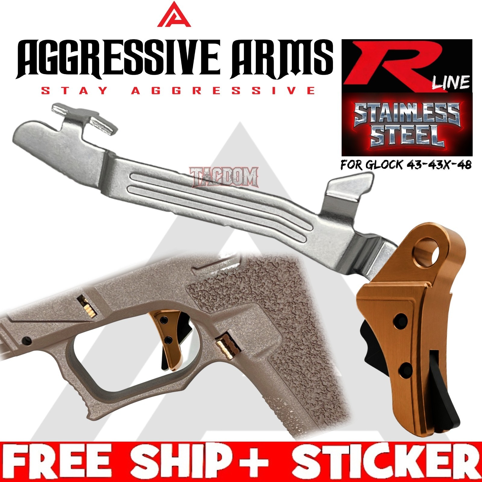 AGGRESSIVE ARMS COPPER BLACK STAINLESS STEEL V2 TRIGGER BAR GLOCK 43 43x 48 FLAT