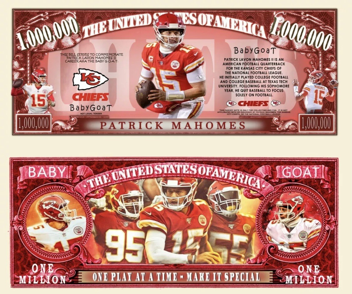 100 Pack Patrick Mahomes Kansas City Chiefs 1 Million Dollars Collectible Money