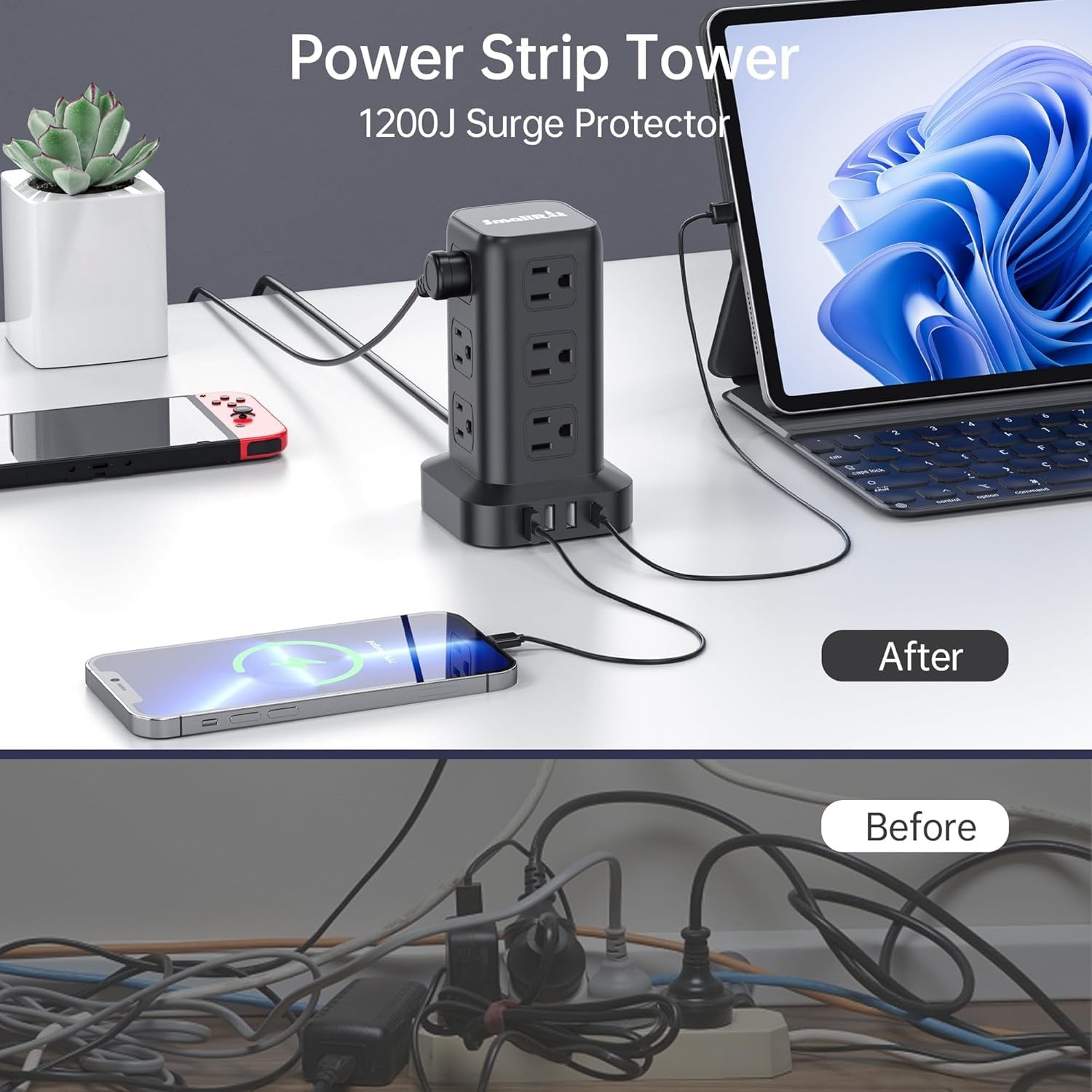 Extension Cord with Multiple Outlets, 6.5 Ft without wireless charging, Black