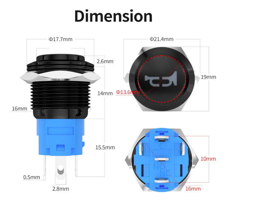 DaierTek 12V 16MM Waterproof Horn Switch, Red LED Stainless Steel Push Button