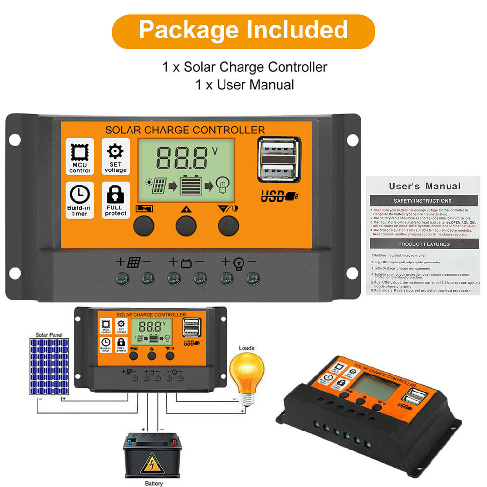 100A LCD Digital Combo Panel Display 12/24V PWM Charge Controller Fast Ship
