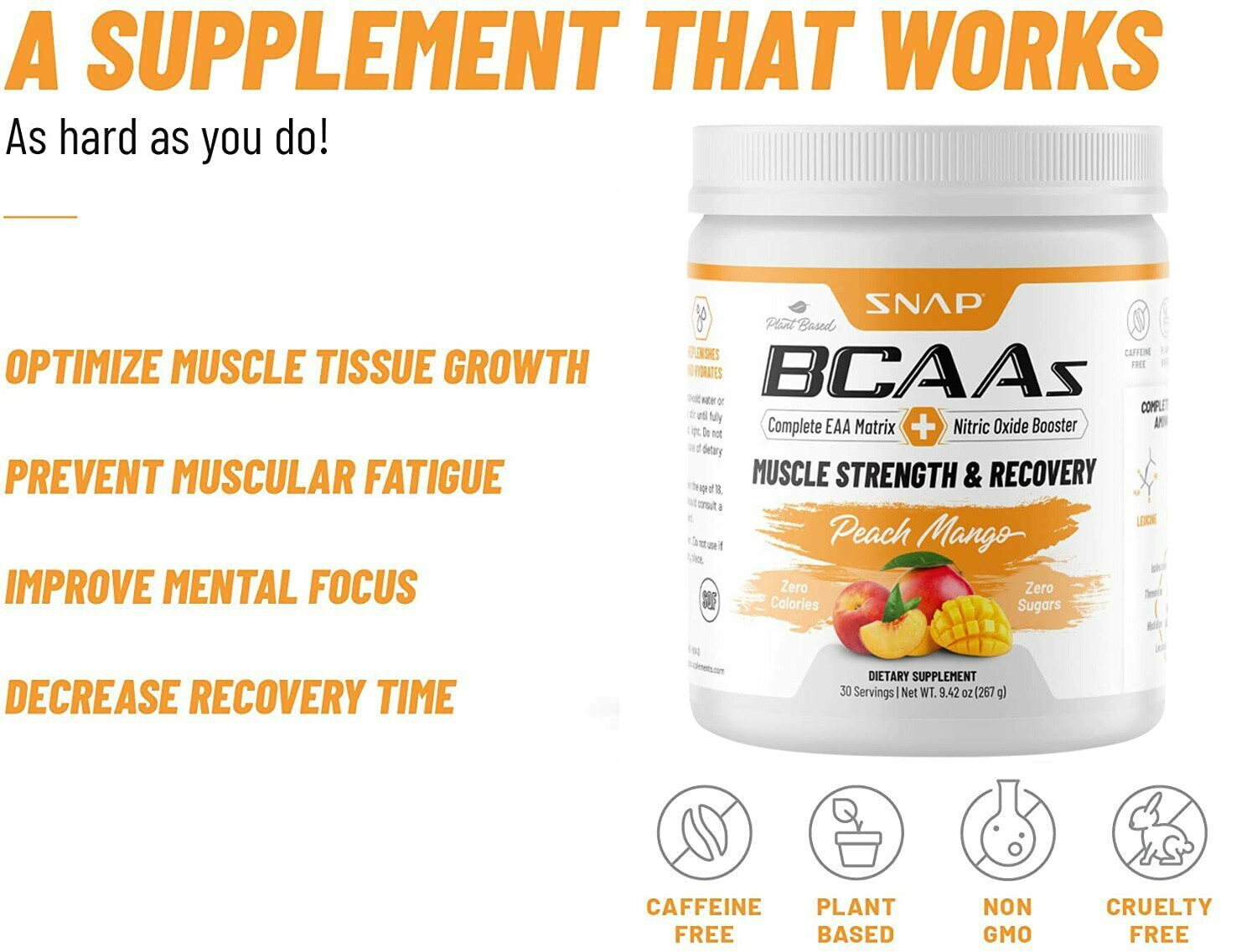 Snap Supplements Peach Mango BCAA Powder - Amino Energy - 2 Pack