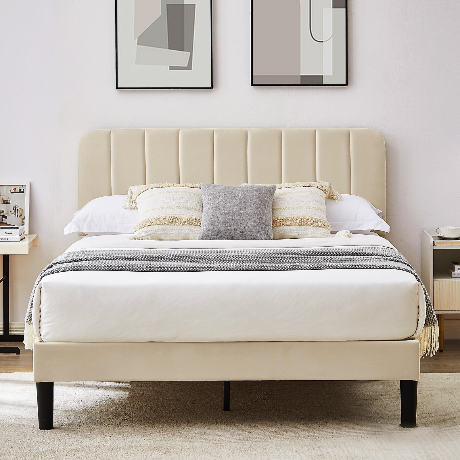 VECELO Upholstered Bed Frame with Headboard Twin/Full/Queen Mattress Foundation
