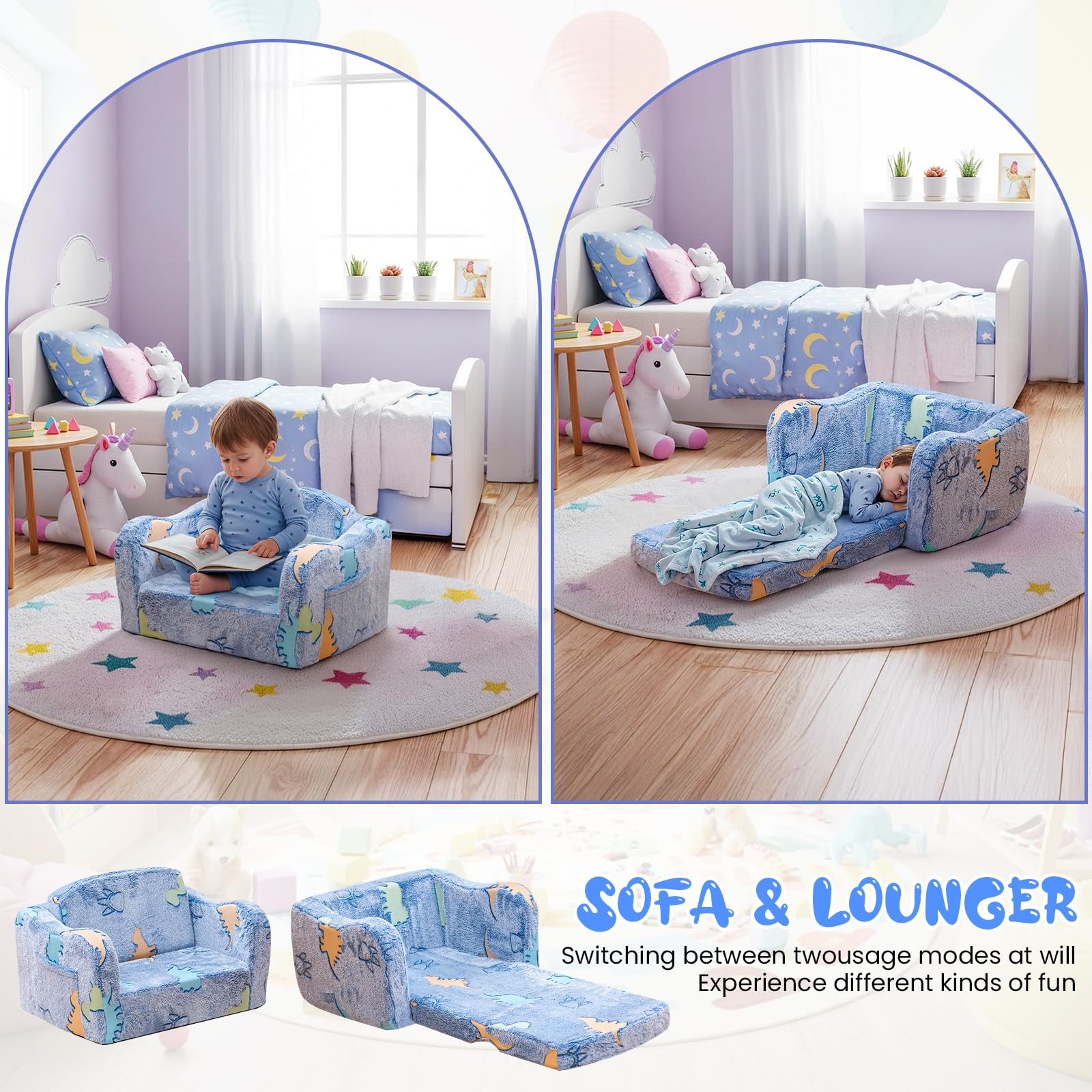 2-in-1 Toddler Couch,Glow in The Dark Baby Floor Bed,Foldable Toddler Chair K...