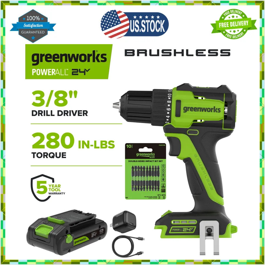Greenworks 24V Brushless 3/8 Inch Drill Driver with 2Ah USB-C Battery DD330A7